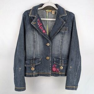 Vintage Y2K Floral Embroidered Denim Jacket Size M Blue Cottagecore Boho Indie